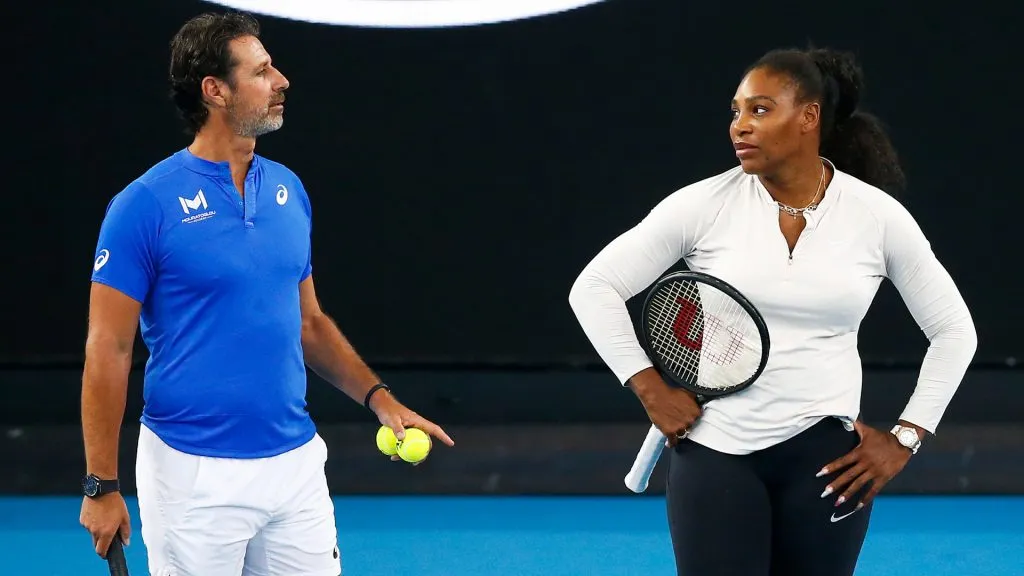 Serena Williams of United States speaks with coach Patrick Mouratoglou during practice ahead of the 2020 Australian Open at Melbourne Park. (Daniel Pockett/Getty Images)