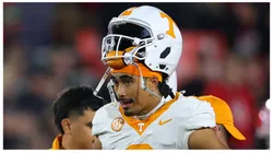 Nico Iamaleava #8 of the Tennessee Volunteers reacts prior to a game against the Georgia Bulldogs at Sanford Stadium on November 16, 2024 in Athens, Georgia.