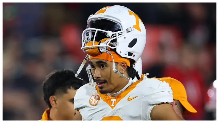 Nico Iamaleava #8 of the Tennessee Volunteers reacts prior to a game against the Georgia Bulldogs at Sanford Stadium on November 16, 2024 in Athens, Georgia.