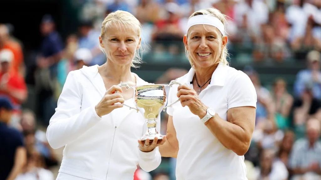 Martina Navratilova (R) and Jana Novotna celebrate winning the Ladies Invitational Doubles Final (Matthew Stockman/Getty Images)