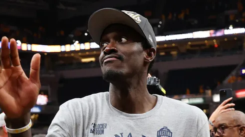 Pascal Siakam #43 of the Indiana Pacers celebrates the 125-108 win against the New York Knicks in Game Six of the Eastern Conference Finals of the 2025 NBA Playoffs