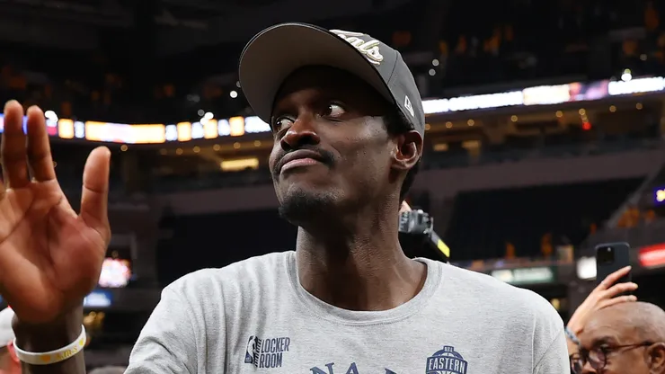 Pascal Siakam #43 of the Indiana Pacers celebrates the 125-108 win against the New York Knicks in Game Six of the Eastern Conference Finals of the 2025 NBA Playoffs