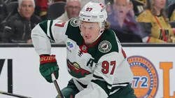 Kirill Kaprizov #97 of the Minnesota Wild skates with the puck against the Vegas Golden Knights during the first period in Game Two of the First Round of the 2025 Stanley Cup Playoffs at T-Mobile Arena on April 22, 2025 in Las Vegas, Nevada.