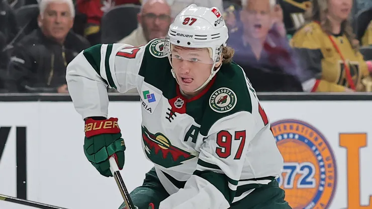 Kirill Kaprizov #97 of the Minnesota Wild skates with the puck against the Vegas Golden Knights during the first period in Game Two of the First Round of the 2025 Stanley Cup Playoffs at T-Mobile Arena on April 22, 2025 in Las Vegas, Nevada.