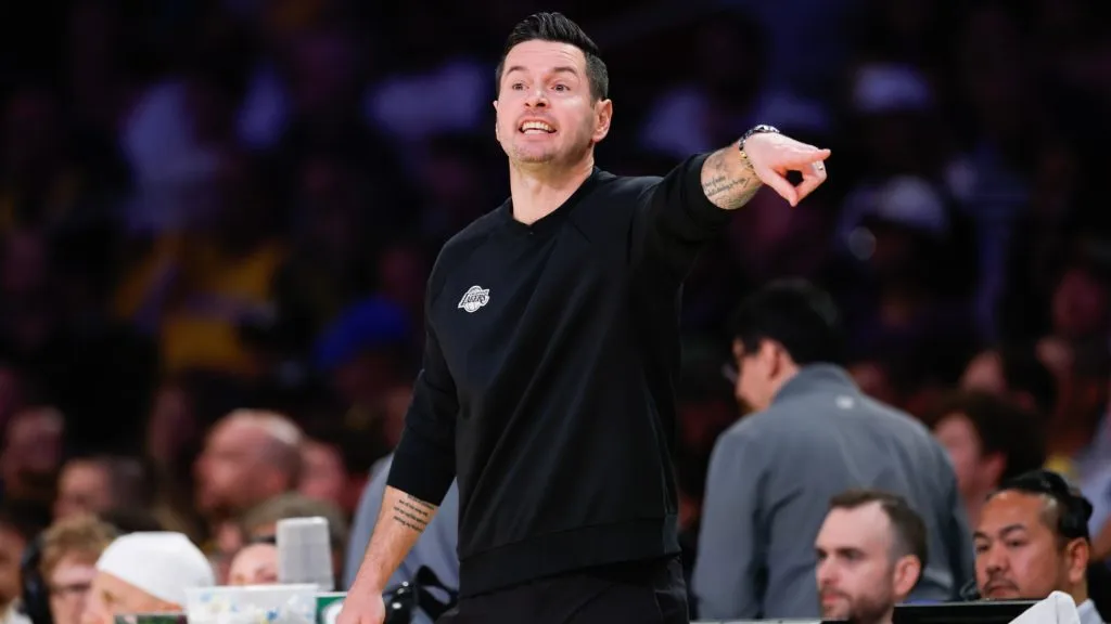 JJ Redick reacts during a Lakers game