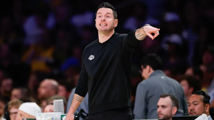 Head coach JJ Redick of the Los Angeles Lakers gestures during the second quarter in Game Five of the Western Conference First Round NBA Playoffs against the Minnesota Timberwolves at Crypto.com Arena.