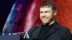 Canelo Alvarez of Mexico speaks during his press conference with William Scull.