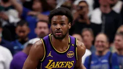 Bronny James #9 of the Los Angeles Lakers dribbles the ball against the Dallas Mavericks