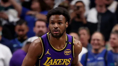 Bronny James #9 of the Los Angeles Lakers dribbles the ball against the Dallas Mavericks