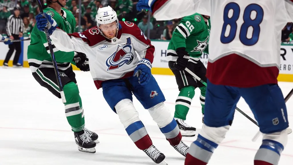 Nathan MacKinnon #29 of the Colorado Avalanche celebrates after scoring a goal against the Dallas Stars in the second period of Game Five of the First Round of the 2025 Stanley Cup Playoffs at American Airlines Center at American Airlines Center on April 28, 2025 in Dallas, Texas. (Photo by Richard Rodriguez/Getty Images)