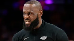 LeBron James #23 of the Los Angeles Lakers reacts during warm up prior to the game against the Minnesota Timberwolves.