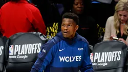 Anthony Edwards #5 of the Minnesota Timberwolves warms up before Game Five of the Western Conference First Round NBA Playoffs against the Los Angeles Lakers