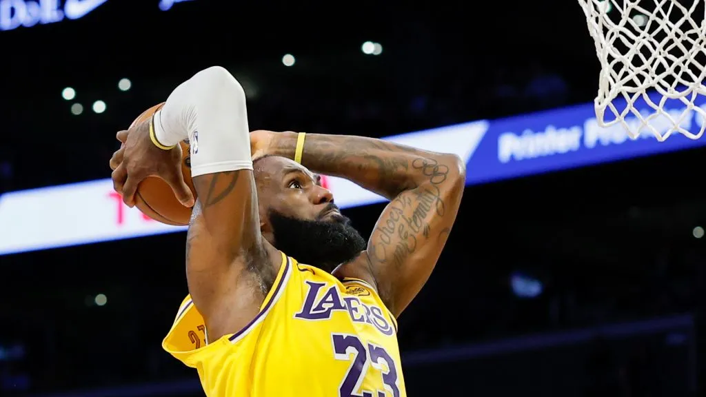 LeBron James #23 of the Los Angeles Lakers dunks the ball against the Minnesota Timberwolves during the second quarter in Game Five of the Western Conference First Round NBA Playoffs