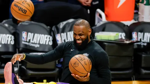LeBron James #23 of the Los Angeles Lakers warms up before Game Five of the Western Conference First Round NBA Playoffs against the Minnesota Timberwolves