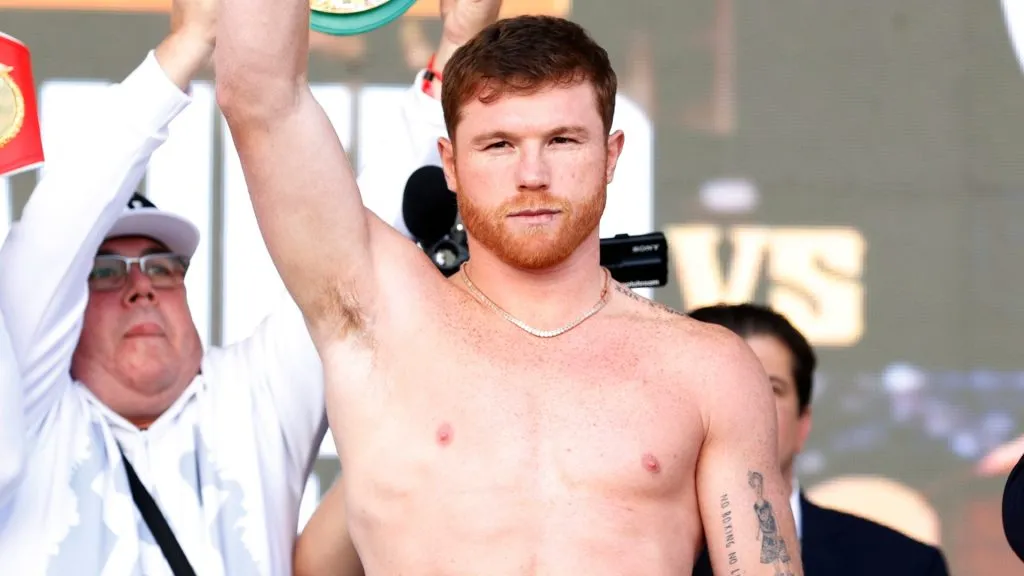 Canelo Alvarez of Mexico poses during their ceremonial weigh-in at Toshiba Plaza on September 16, 2022. (Source: Sarah Stier/Getty Images)