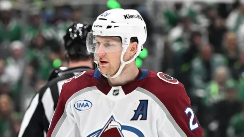 Nathan MacKinnon #29 of the Colorado Avalanche of the Colorado Avalanche skates to the bench after being hit in the nose with a stick against the Dallas Stars in the second period of Game One of the First Round of the 2025 Stanley Cup Playoffs at American Airlines Center on April 19, 2025 in Dallas, Texas.
