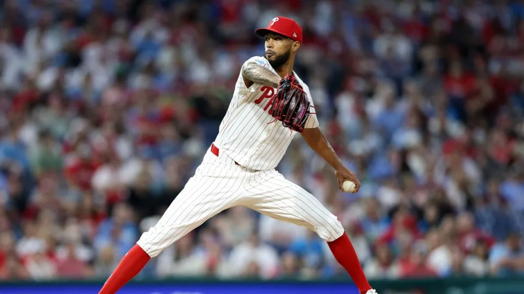 Cristopher Sánchez #61 of the Philadelphia Phillies pitches in the fifth inning against the Washington Nationals during a game at Citizens Bank Park on April 30, 2025 in Philadelphia, Pennsylvania. (Photo by Emilee Chinn/Getty Images)
