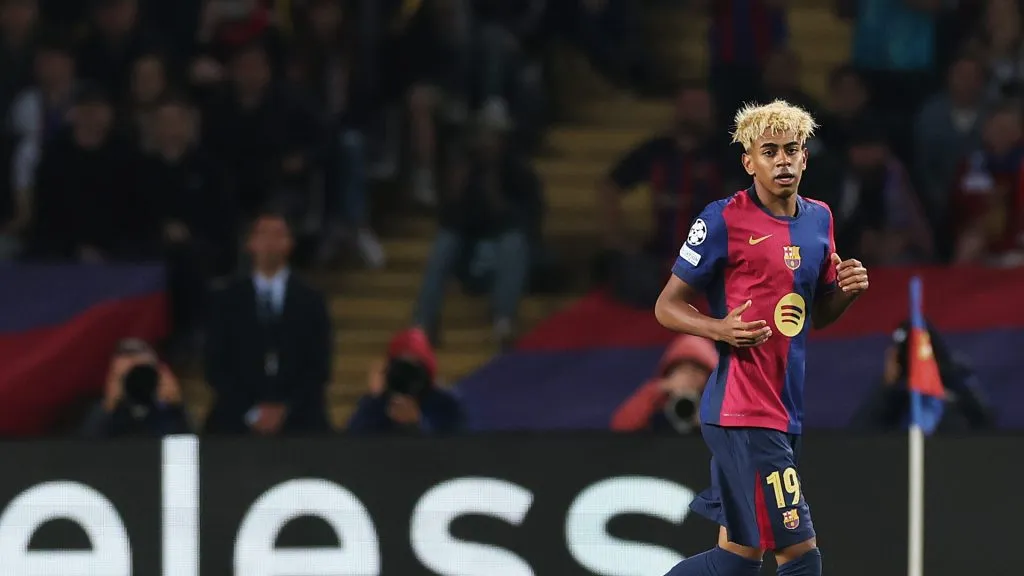 Lamine Yamal of FC Barcelona runs off the ball as a advertising board displays the word “priceless” during the UEFA Champions League 2024/25 Semi Final First Leg match between FC Barcelona and FC Internazionale Milano