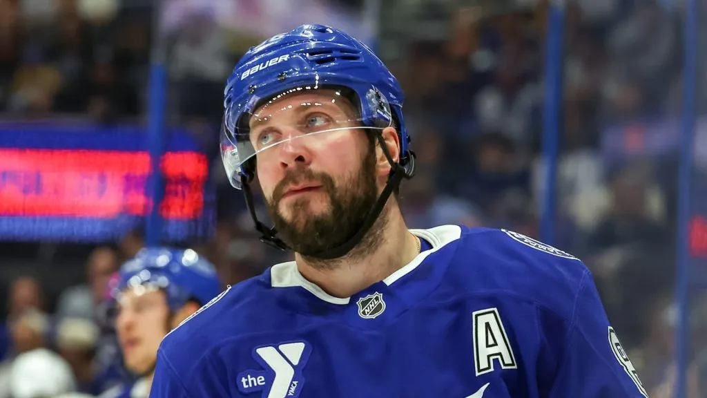 Nikita Kucherov #86 of the Tampa Bay Lightning reacted after missing the net with a shot against the Toronto Maple Leafs during the second period at the Amalie Arena on April 9, 2025 in Tampa, Florida.