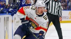 Brad Marchand #63 of the Florida Panthers looks to pass against the Tampa Bay Lightning in the first period of Game One of the First Round of the 2025 Stanley Cup Playoffs at the Amalie Arena on April 22, 2025 in Tampa, Florida.
