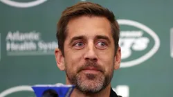 Aaron Rodgers attends an introductory press conference at Atlantic Health Jets Training Center on April 26, 2023 in Florham Park, New Jersey.