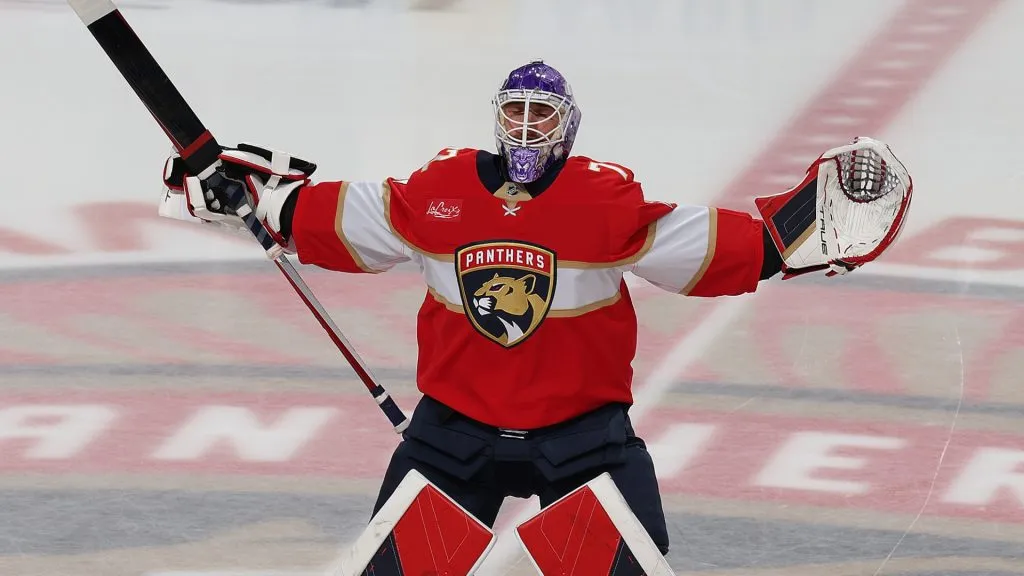Goaltender Sergei Bobrovsky #72 of the Florida Panthers skates onto the ice prior to the game against the Toronto Maple Leafs at the Amerant Bank Arena on November 27, 2024 in Sunrise, Florida.