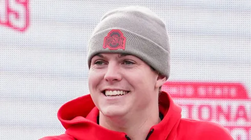 Quarterback Will Howard #18 of the Ohio State Buckeyes delivers remarks during the NCAA Football Championship celebration at Ohio Stadium on January 26, 2025 in Columbus, Ohio.