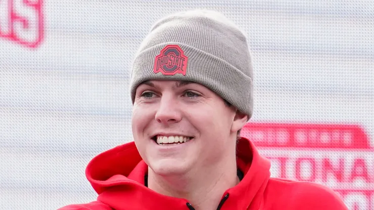 Quarterback Will Howard #18 of the Ohio State Buckeyes delivers remarks during the NCAA Football Championship celebration at Ohio Stadium on January 26, 2025 in Columbus, Ohio.