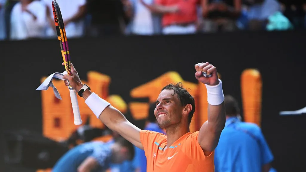 Rafael Nadal of Spain celebrates match point in their round one singles match against Jack Draper of Great Britain during day one of the 2023 Australian Open. (Quinn Rooney/Getty Images)