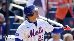 Juan Soto #22 of the New York Mets watches the flight of his eighth inning home run against the Arizona Diamondbacks at Citi Field on May 01, 2025 in New York City.