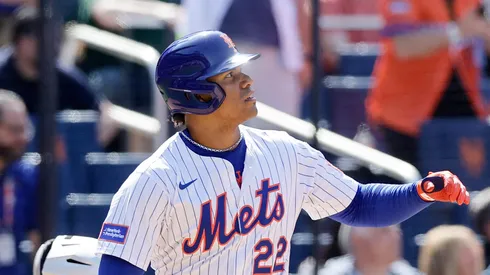 Juan Soto #22 of the New York Mets watches the flight of his eighth inning home run against the Arizona Diamondbacks at Citi Field on May 01, 2025 in New York City.