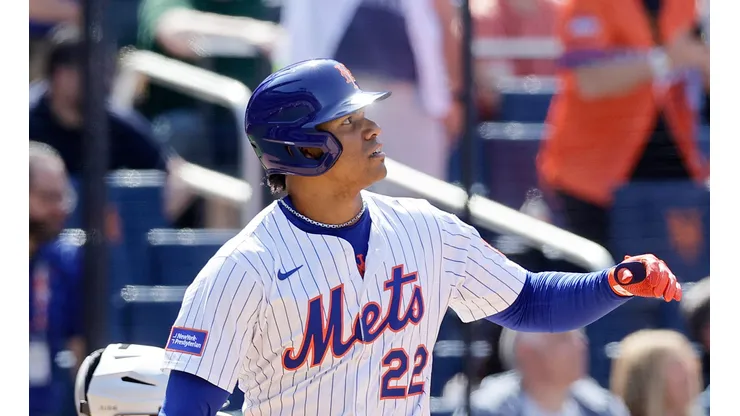 Juan Soto #22 of the New York Mets watches the flight of his eighth inning home run against the Arizona Diamondbacks at Citi Field on May 01, 2025 in New York City.