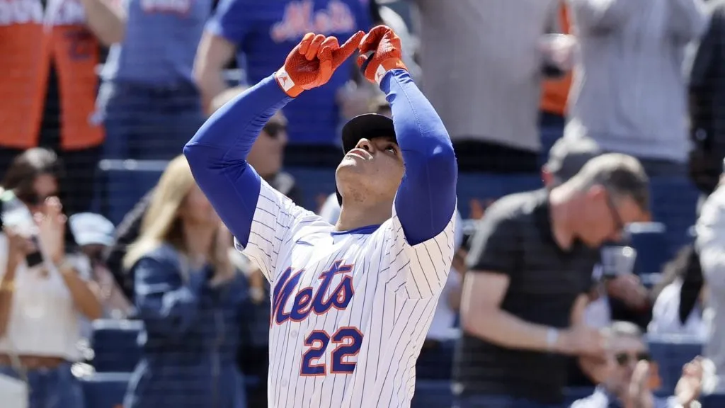 Juan Soto #22 of the New York Mets reacts at home plate after his sixth inning home run against the Arizona Diamondbacks