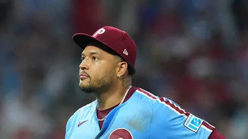Taijuan Walker #99 of the Philadelphia Phillies looks on after leaving the game in the top of the sixth inning against the Washington Nationals at Citizens Bank Park on May 1, 2025 in Philadelphia, Pennsylvania. The Nationals defeated the Phillies 4-2.