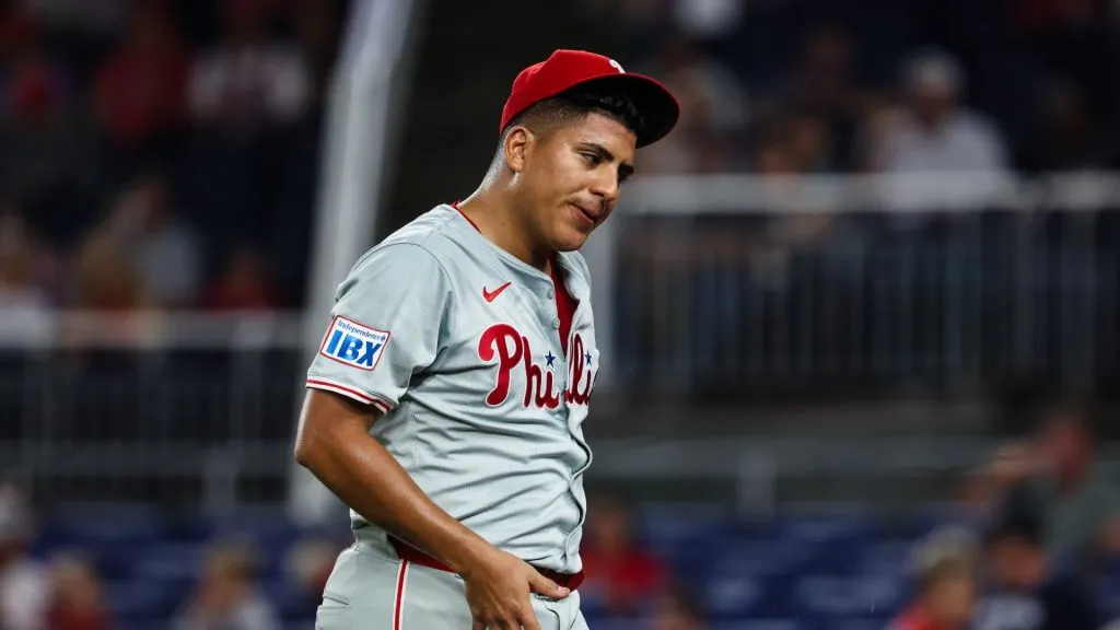 Ranger Suárez #55 of the Philadelphia Phillies reacts after pitching against the Washington Nationals