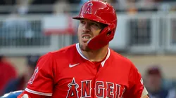 Mike Trout #27 of the Los Angeles Angels reacts after striking out against the Minnesota Twins in the third inning.