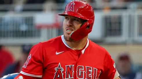 Mike Trout #27 of the Los Angeles Angels reacts after striking out against the Minnesota Twins in the third inning.