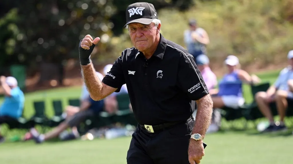 Gary Player of South Africa reacts to a putt during the Par 3 contest prior to the 2023 Masters Tournament at Augusta National Golf Club on April 05, 2023. (Source: Ross Kinnaird/Getty Images)