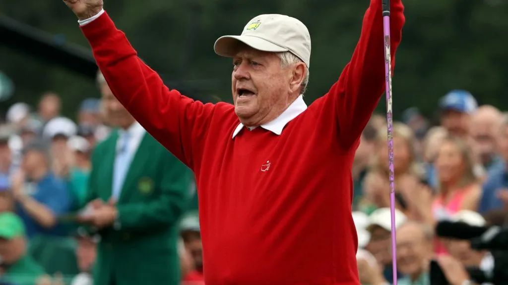 Jack Nicklaus of the United States reacts after playing his shot during the first tee ceremony prior to the first round of the 2023 Masters Tournament at Augusta National Golf Club. (Source: Patrick Smith/Getty Images)