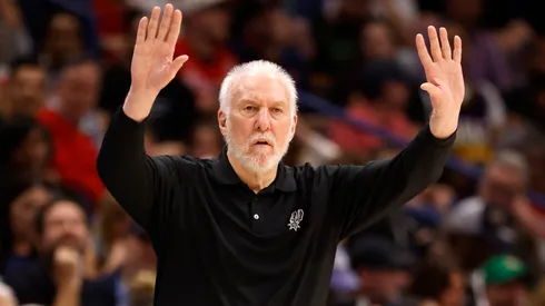 Head coach Gregg Popovich of the San Antonio Spurs calls out a play during the second half of an NBA game against the New Orleans Pelicans at Smoothie King Center on April 05, 2024 in New Orleans, Louisiana.