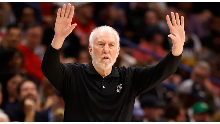 Head coach Gregg Popovich of the San Antonio Spurs calls out a play during the second half of an NBA game against the New Orleans Pelicans at Smoothie King Center on April 05, 2024 in New Orleans, Louisiana.