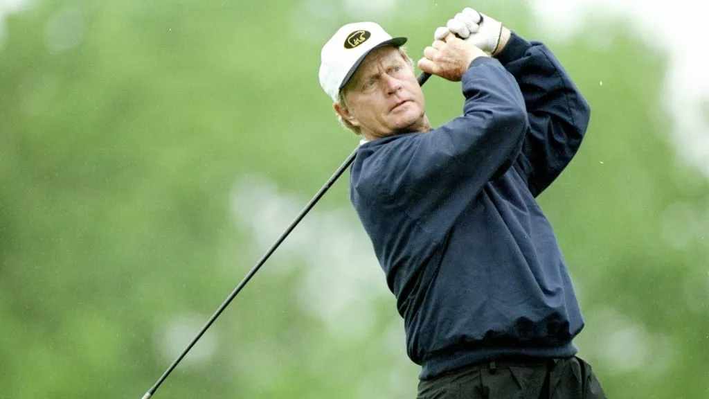 Jack Nicklaus follows through on a long swing during the third round of The Memorial Tournament at Muirfield Village Golf Club in 1997. (Source: Getty Images)