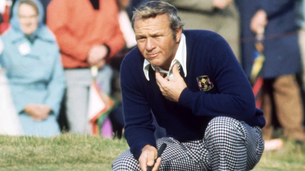 Arnold Palmer of the USA lines up a putt during the Ryder Cup between Europe and the USA at Murifield in Scotland in September, 1973. (Source: Don Morley/Getty Images)