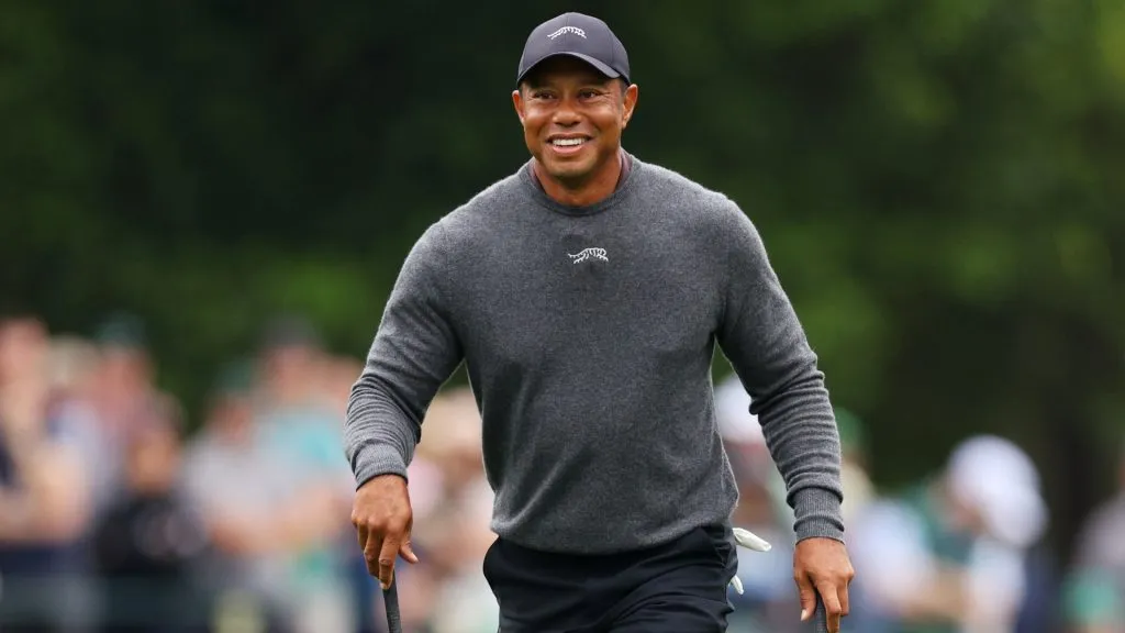 Tiger Woods of the United States reacts on the eighth hole during a practice round prior to the 2024 Masters Tournament at Augusta National Golf Club on April 09, 2024. (Source: Andrew Redington/Getty Images)