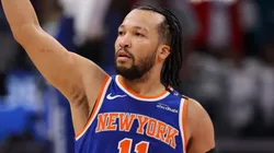 Jalen Brunson #11 of the New York Knicks celebrates after making a three-point basket late during the fourth quarter against the Detroit Pistons in Game Six of the Eastern Conference First Round NBA Playoffs at Little Caesars Arena on May 01, 2025 in Detroit, Michigan.