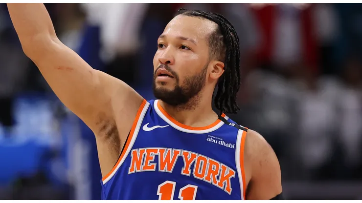Jalen Brunson #11 of the New York Knicks celebrates after making a three-point basket late during the fourth quarter against the Detroit Pistons in Game Six of the Eastern Conference First Round NBA Playoffs at Little Caesars Arena on May 01, 2025 in Detroit, Michigan.