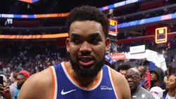 Karl-Anthony Towns #32 of the New York Knicks reacts after defeating the Detroit Pistons in Game Four of the Eastern Conference First Round NBA Playoffs