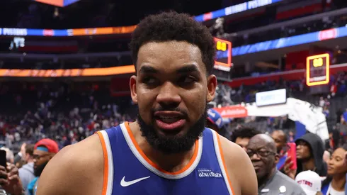 Karl-Anthony Towns #32 of the New York Knicks reacts after defeating the Detroit Pistons in Game Four of the Eastern Conference First Round NBA Playoffs