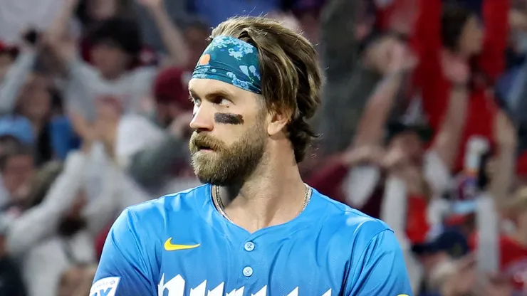 Bryce Harper #3 of the Philadelphia Phillies looks on as fans do the wave during a game against the Miami Marlins at Citizens Bank Park on April 18, 2025 in Philadelphia, Pennsylvania.