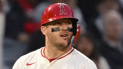 Mike Trout #27 of the Los Angeles Angels smiles after hitting a triple against the Pittsburgh Pirates in the fourth inning at Angel Stadium of Anaheim on April 24, 2025 in Anaheim, California.